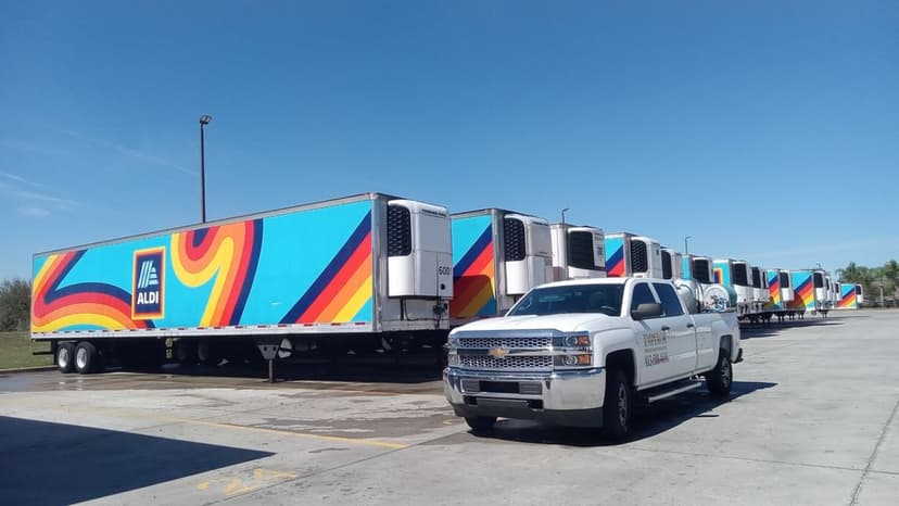 Aldi delivery trucks lined up at a distribution center with a white pickup in front.